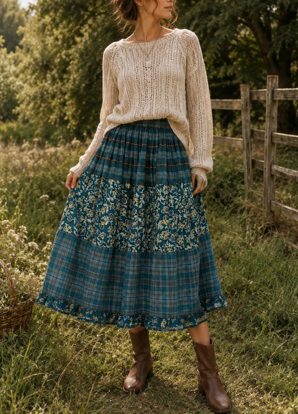 Cottagecore Teal Patchwork Midi Skirt S/M Plaid Floral Ruffle Prairie Boho